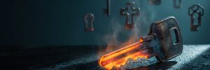 A burning key with digital icons representing cybersecurity and AI technology.