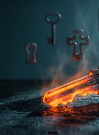 A burning key with digital icons representing cybersecurity and AI technology.