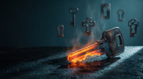 A burning key with digital icons representing cybersecurity and AI technology.