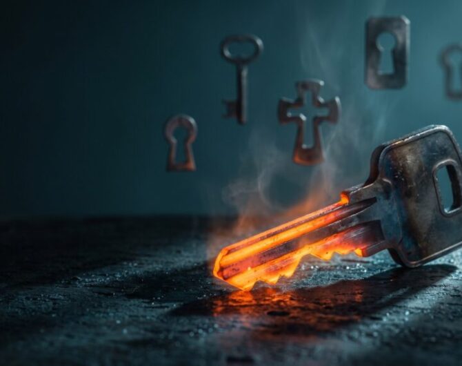 A burning key with digital icons representing cybersecurity and AI technology.