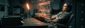 Person working with advanced AI technology and sparks flying in a dark office.