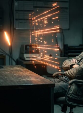 Person working with advanced AI technology and sparks flying in a dark office.