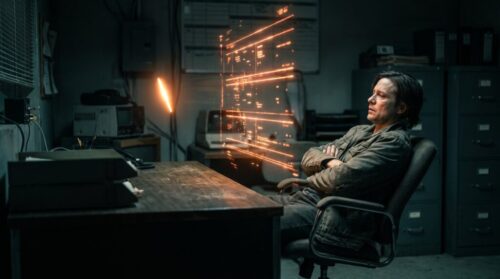 Person working with advanced AI technology and sparks flying in a dark office.