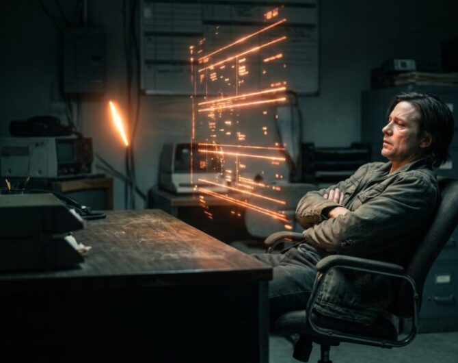 Person working with advanced AI technology and sparks flying in a dark office.