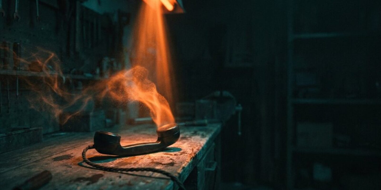 A pair of smart glasses emitting orange light on a workbench in a dark workshop.