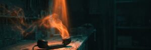A pair of smart glasses emitting orange light on a workbench in a dark workshop.