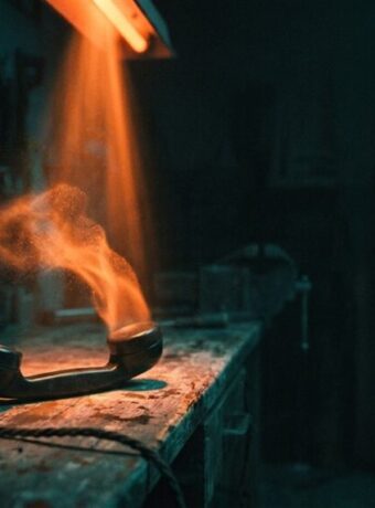 A pair of smart glasses emitting orange light on a workbench in a dark workshop.