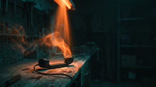 A pair of smart glasses emitting orange light on a workbench in a dark workshop.