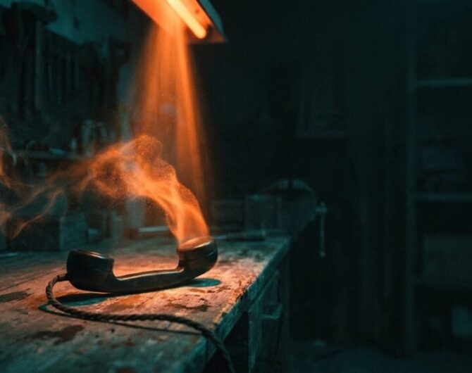A pair of smart glasses emitting orange light on a workbench in a dark workshop.