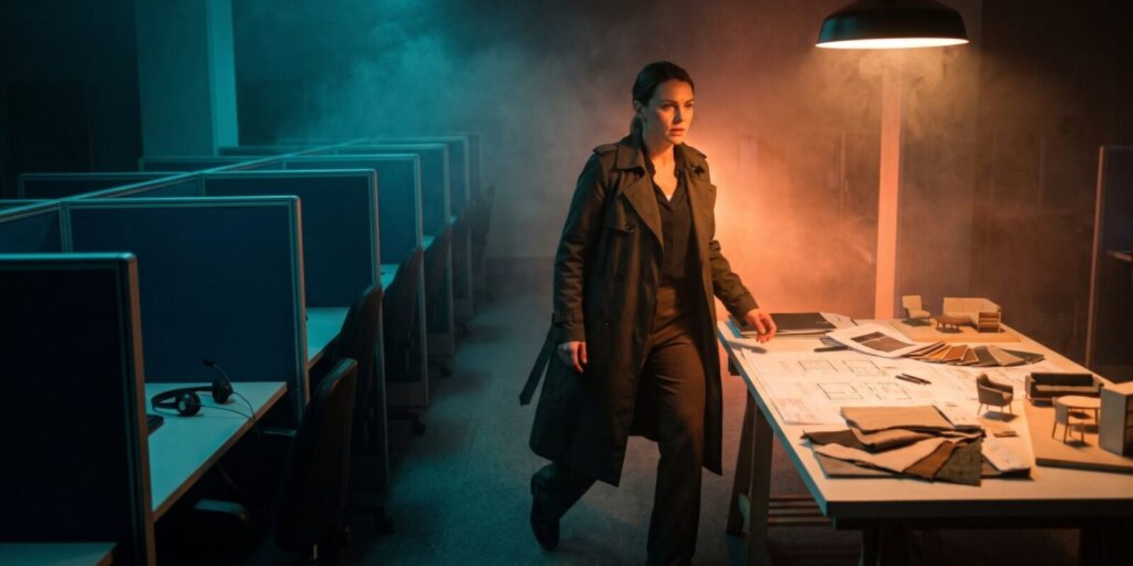 Woman in a dark office with AI and tech equipment, modern workspace.