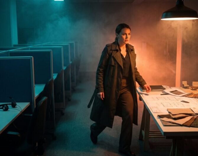 Woman in a dark office with AI and tech equipment, modern workspace.