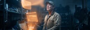 Man working with molten metal in industrial workshop environment.