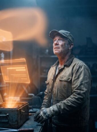 Man working with molten metal in industrial workshop environment.