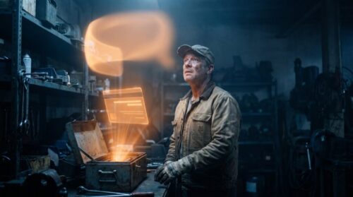 Man working with molten metal in industrial workshop environment.