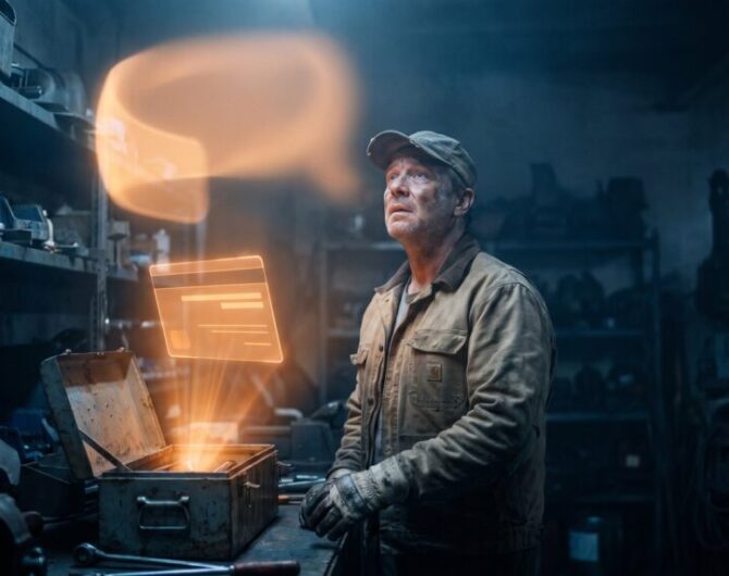 Man working with molten metal in industrial workshop environment.