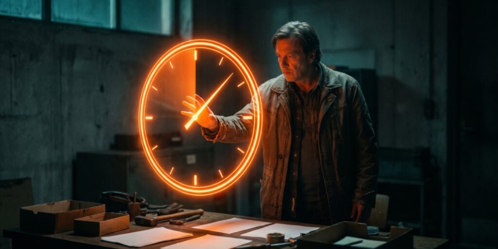 Man in a dark room touching a glowing neon clock projection.