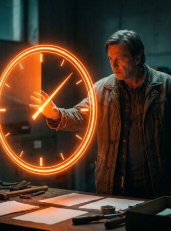 Man in a dark room touching a glowing neon clock projection.