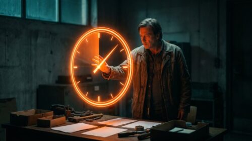 Man in a dark room touching a glowing neon clock projection.