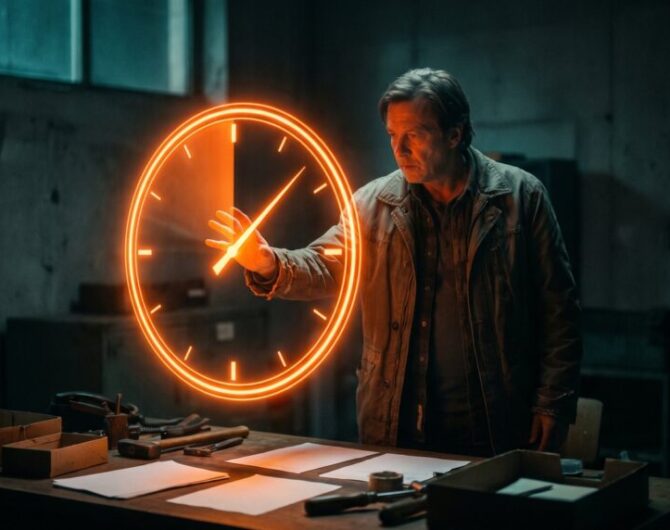 Man in a dark room touching a glowing neon clock projection.