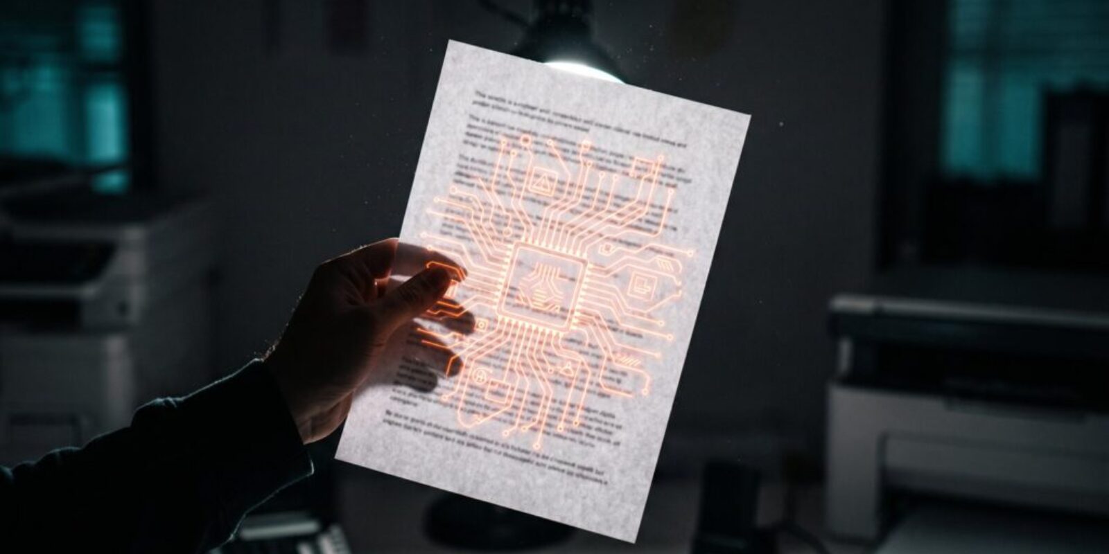 Person holding a paper with digital circuit design glowing in a dark room.