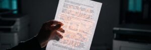 Person holding a paper with digital circuit design glowing in a dark room.