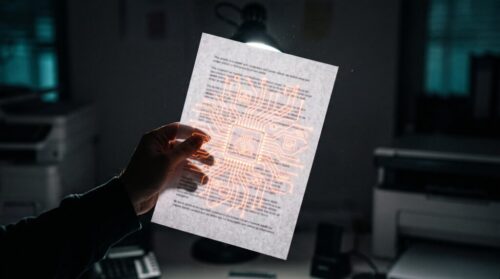 Person holding a paper with digital circuit design glowing in a dark room.