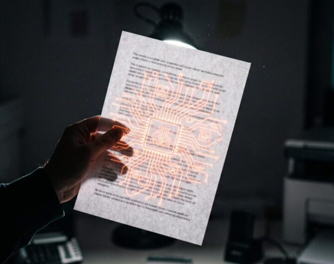 Person holding a paper with digital circuit design glowing in a dark room.