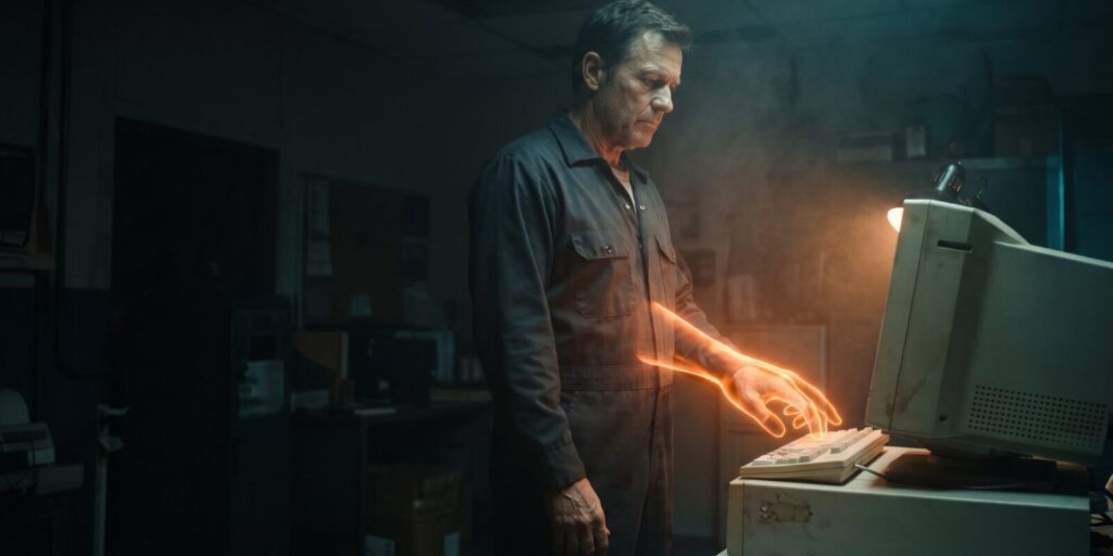 Man working with futuristic holographic interface in a tech lab.