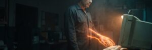 Man working with futuristic holographic interface in a tech lab.