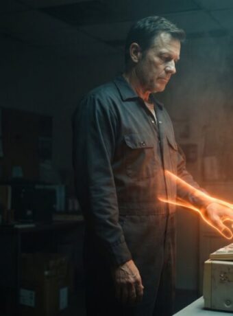 Man working with futuristic holographic interface in a tech lab.