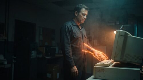 Man working with futuristic holographic interface in a tech lab.