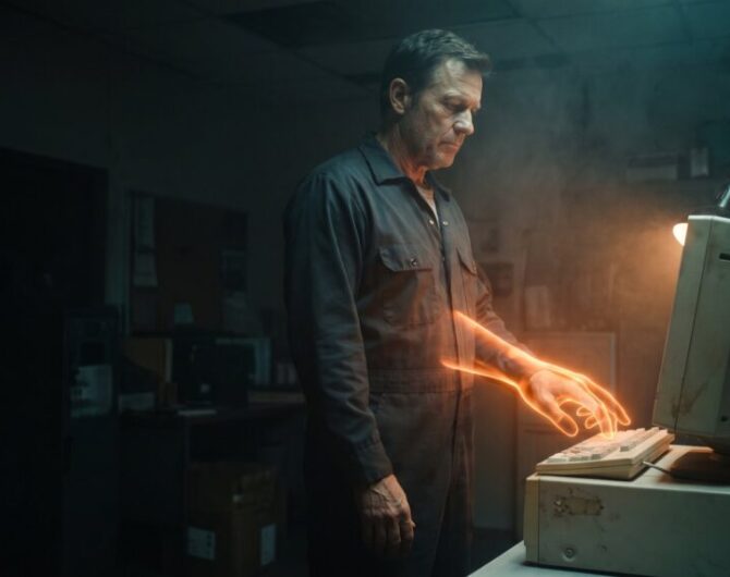 Man working with futuristic holographic interface in a tech lab.