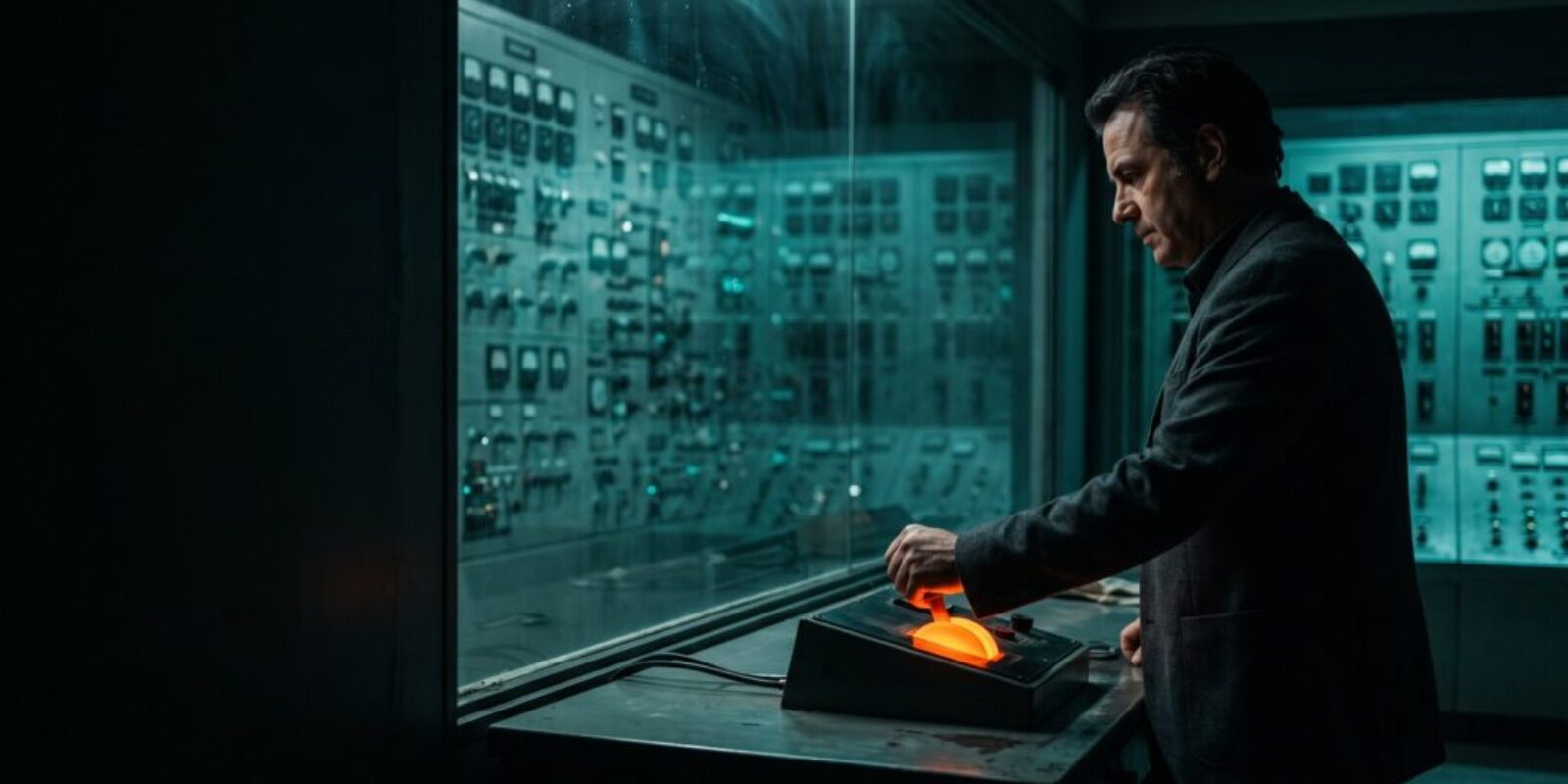 Man operating a control panel in a high-tech server room.