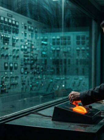 Man operating a control panel in a high-tech server room.