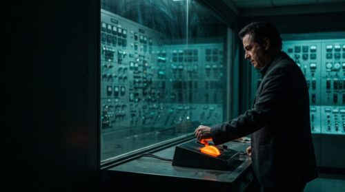 Man operating a control panel in a high-tech server room.
