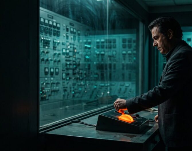 Man operating a control panel in a high-tech server room.
