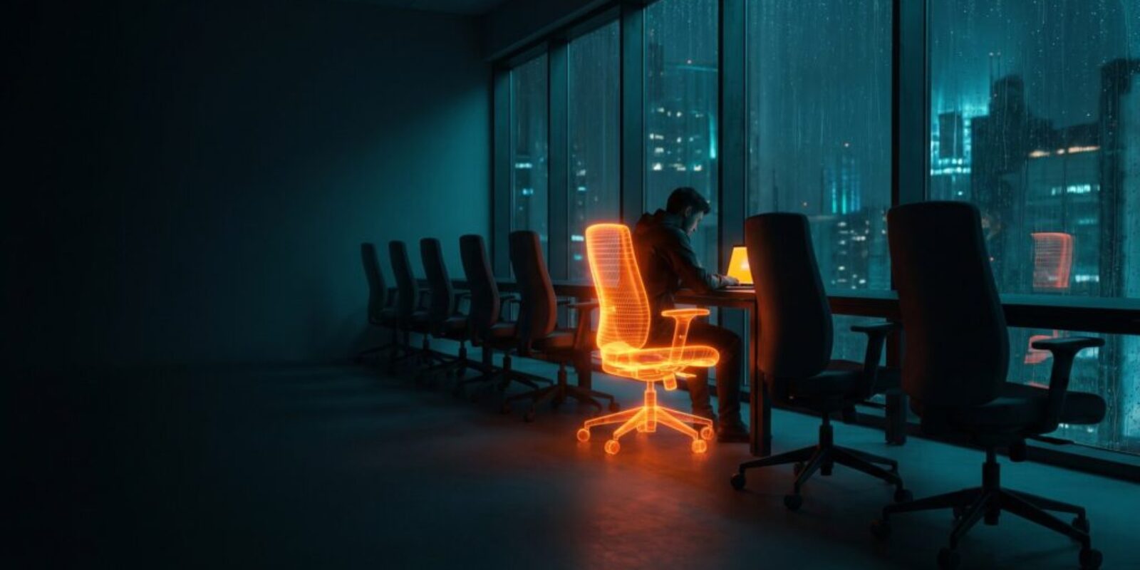 One glowing orange workstation among a row of identical dark office chairs, illustrating a single premium AI seat costing more than the rest