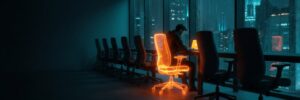 One glowing orange workstation among a row of identical dark office chairs, illustrating a single premium AI seat costing more than the rest