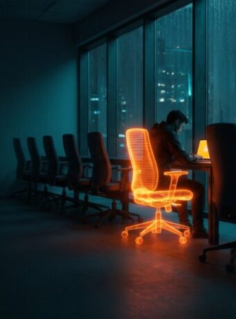 One glowing orange workstation among a row of identical dark office chairs, illustrating a single premium AI seat costing more than the rest