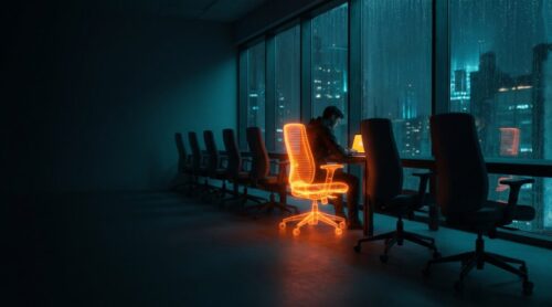 One glowing orange workstation among a row of identical dark office chairs, illustrating a single premium AI seat costing more than the rest