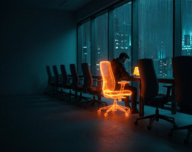 One glowing orange workstation among a row of identical dark office chairs, illustrating a single premium AI seat costing more than the rest