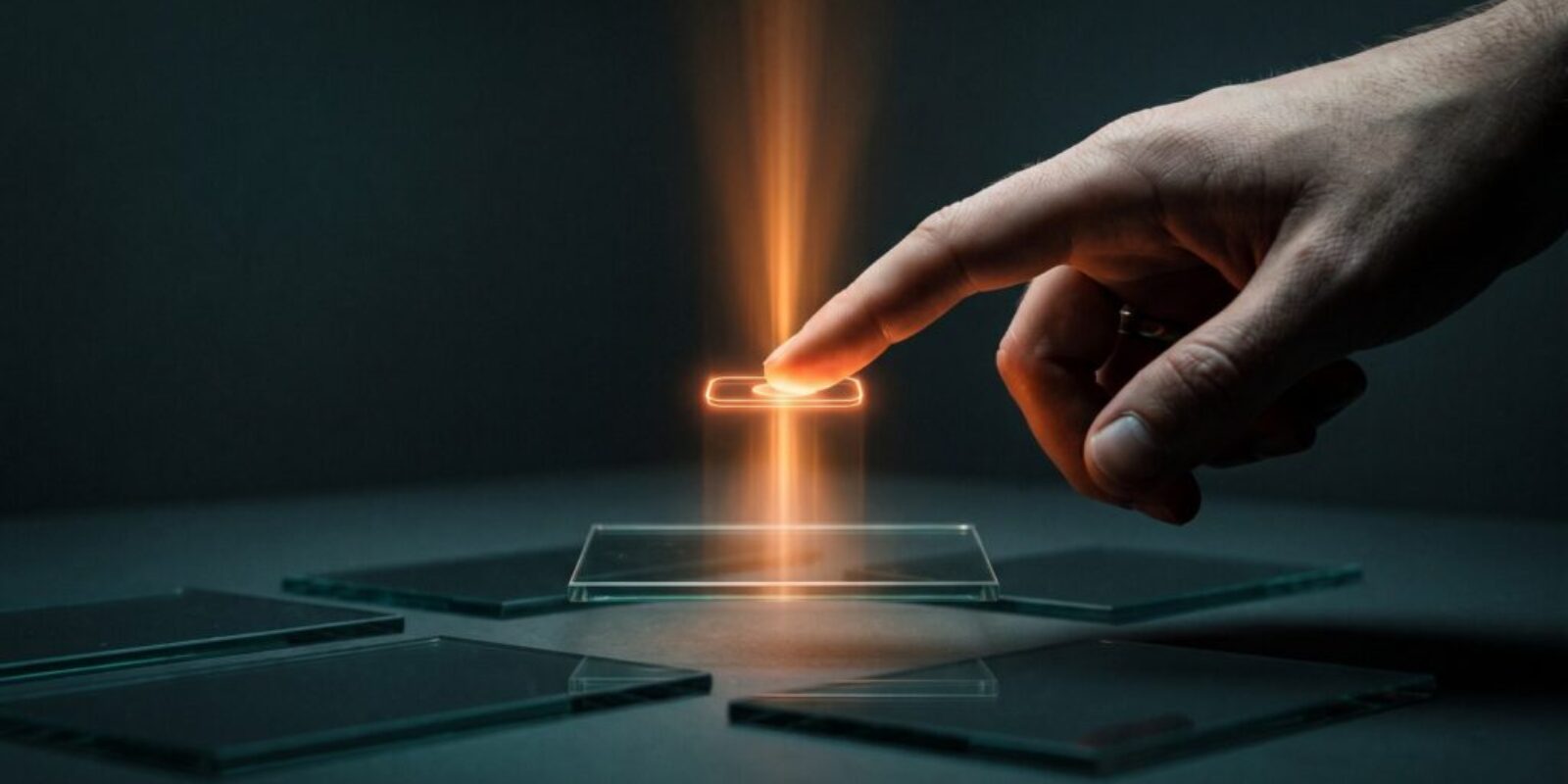 A finger presses a glowing orange holographic button, sending a beam of light that lifts one panel above others in a dark room