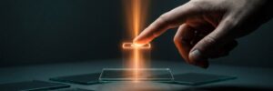 A finger presses a glowing orange holographic button, sending a beam of light that lifts one panel above others in a dark room