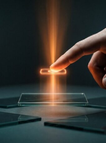 A finger presses a glowing orange holographic button, sending a beam of light that lifts one panel above others in a dark room