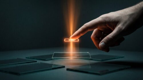 A finger presses a glowing orange holographic button, sending a beam of light that lifts one panel above others in a dark room