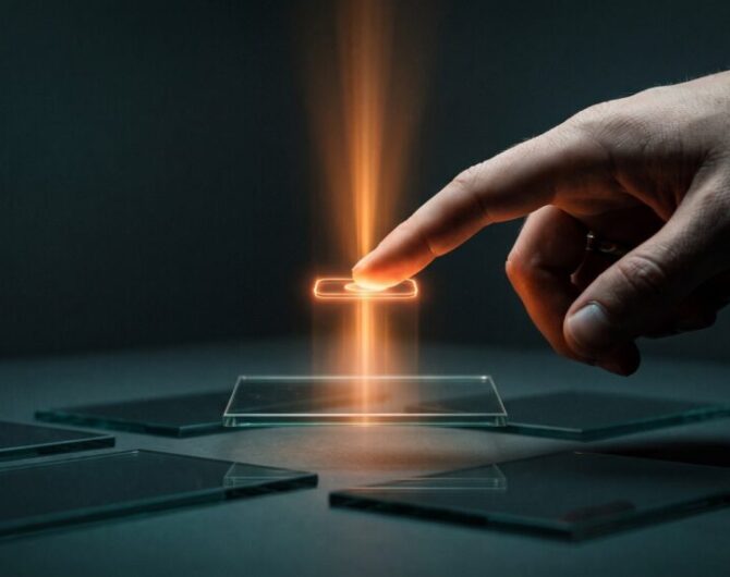 A finger presses a glowing orange holographic button, sending a beam of light that lifts one panel above others in a dark room