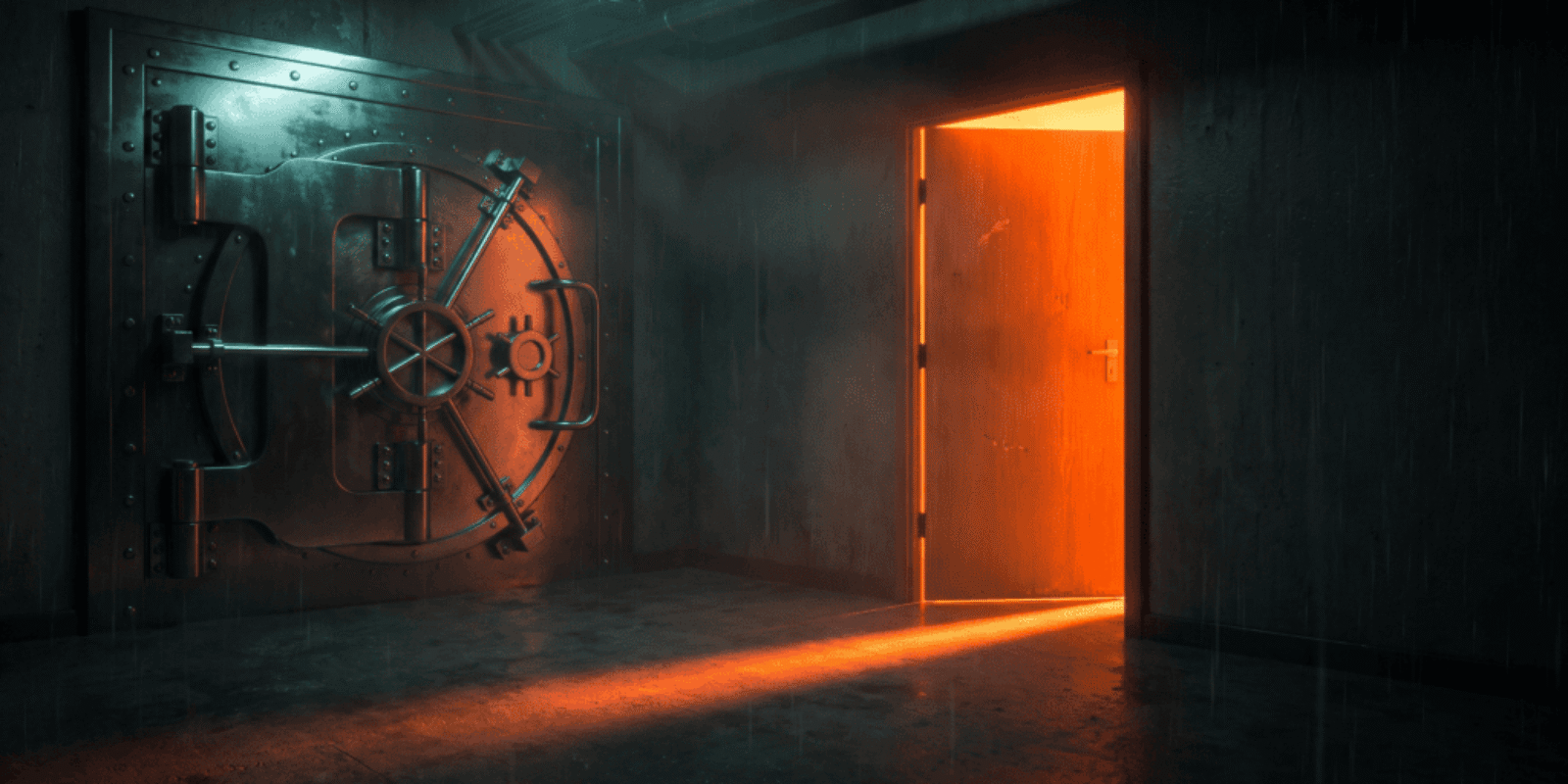 Vault door slightly open with glowing orange light in dark room.