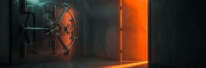 Vault door slightly open with glowing orange light in dark room.