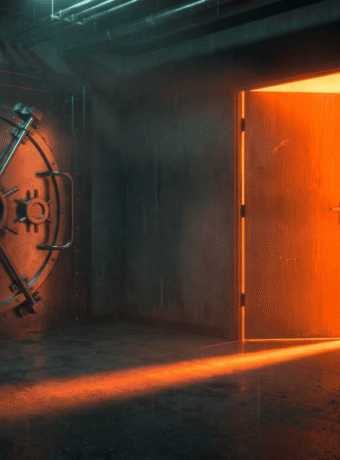 Vault door slightly open with glowing orange light in dark room.