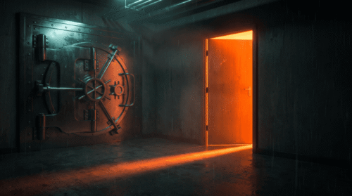 Vault door slightly open with glowing orange light in dark room.